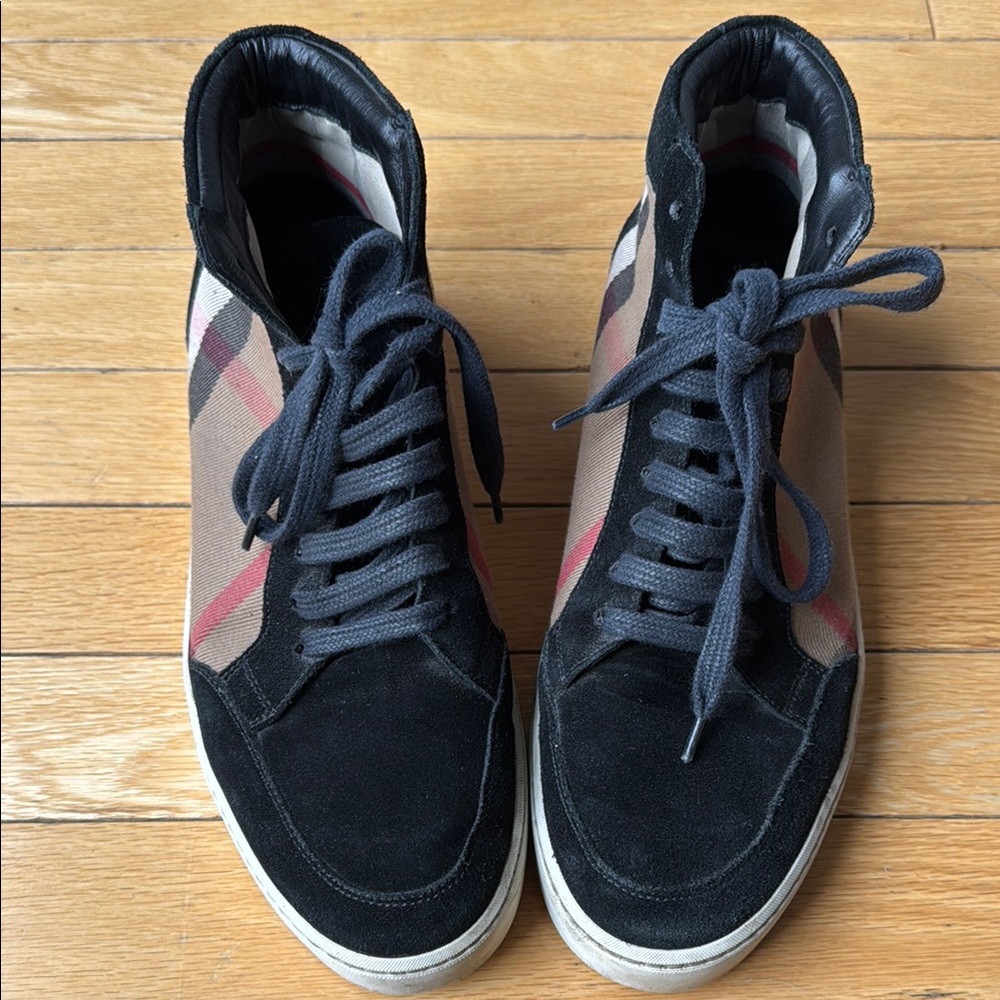 Women’s Black and Tan High-Top Burberry Sneakers